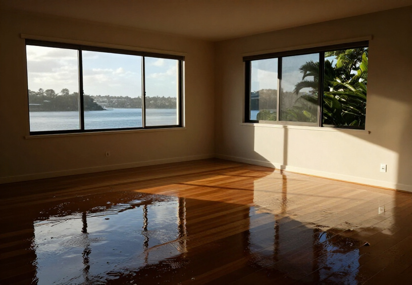 Flooded living room in Bellevue Hill before restoration